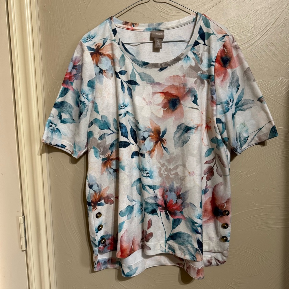 Chico’s Shirt featuring a Multicolor Floral Print of Teal, Coral, Blush and Blue